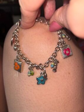 Brighton Enamel Charm Bracelet Multicolor Hearts Flower Beads Silver Tone